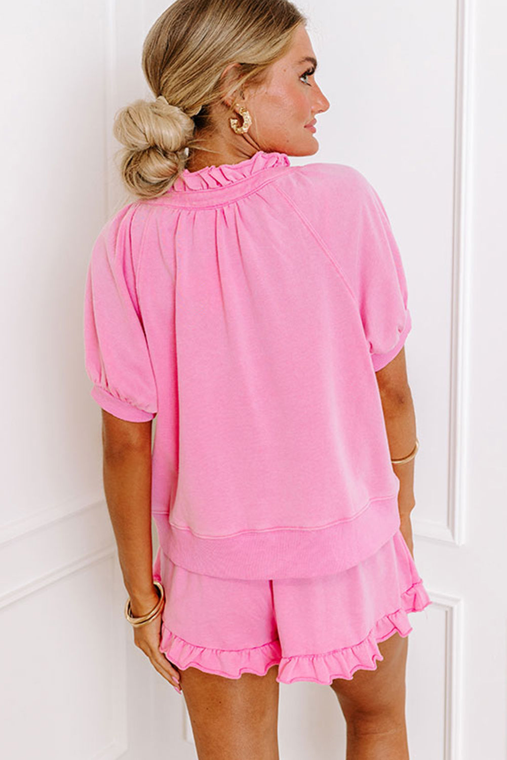 Pink Half Zip Puff Sleeve Top and Ruffle Shorts Set - Two Piece Shorts Sets