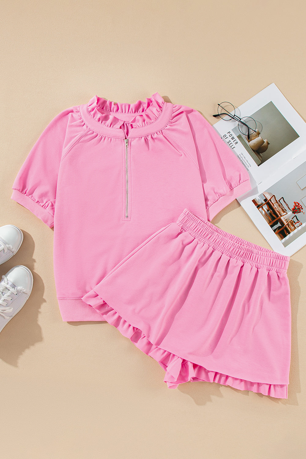 Pink Half Zip Puff Sleeve Top and Ruffle Shorts Set - Two Piece Shorts Sets