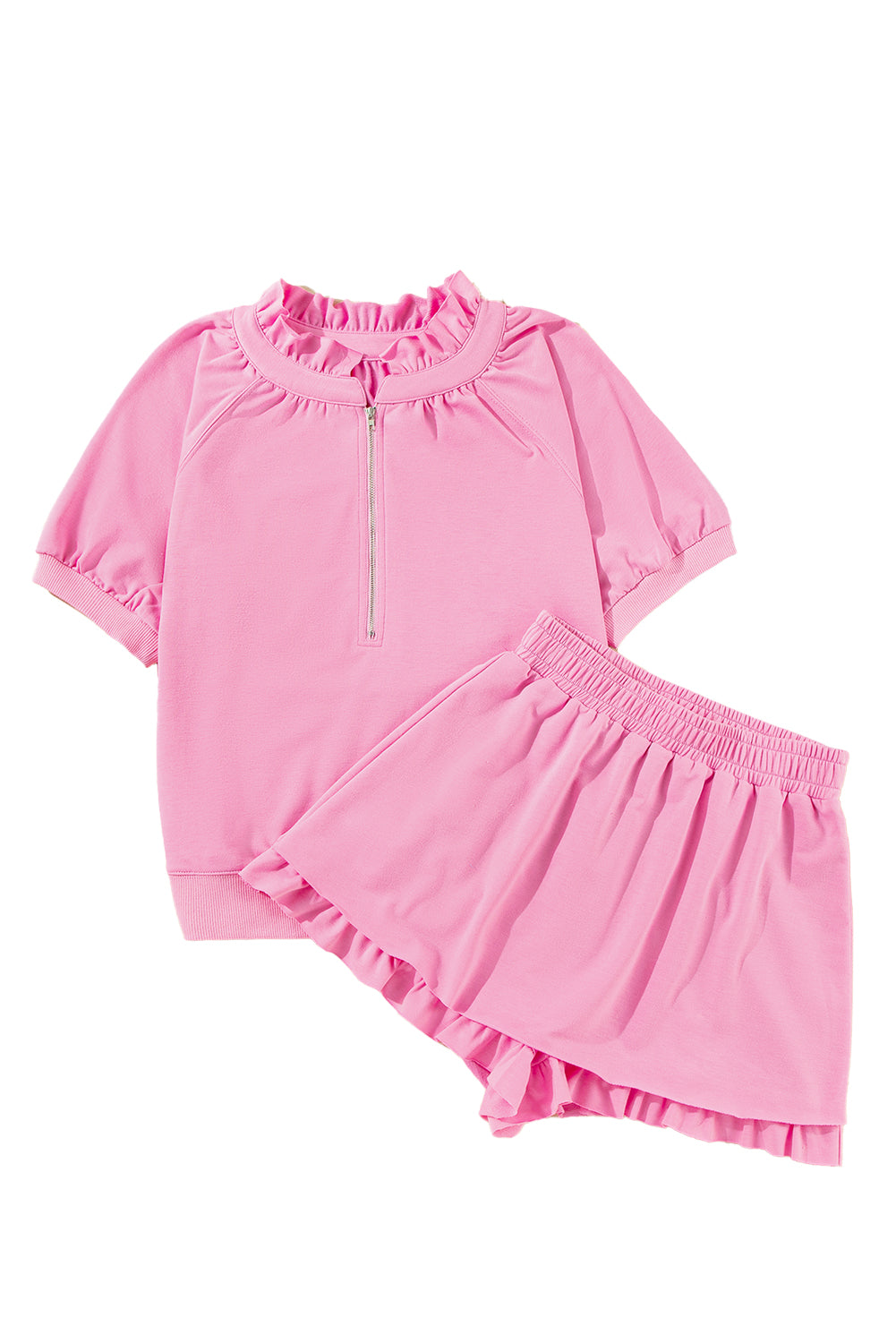 Pink Half Zip Puff Sleeve Top and Ruffle Shorts Set - Two Piece Shorts Sets