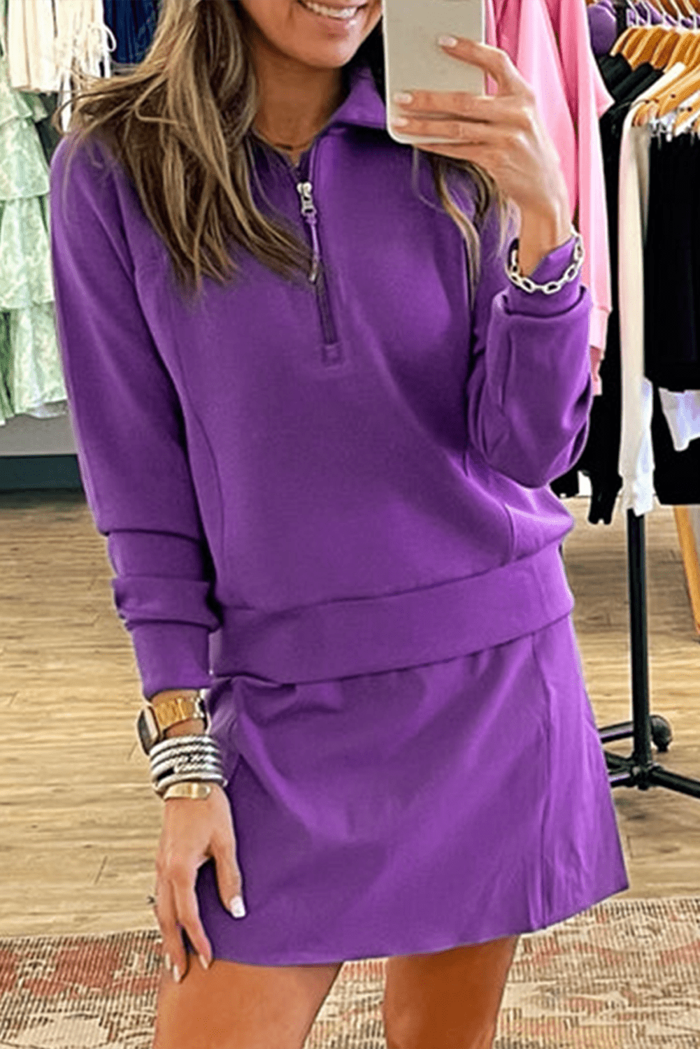 Pink Half Zip Sporty Pullover Mini Skirt 2pcs Outfit - MAD RUFFI