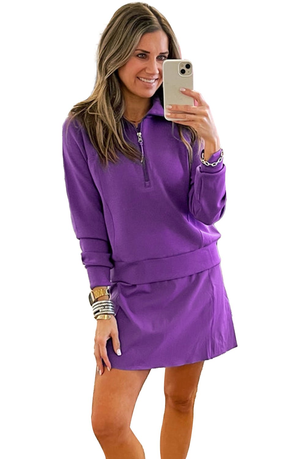 Pink Half Zip Sporty Pullover Mini Skirt 2pcs Outfit - MAD RUFFI