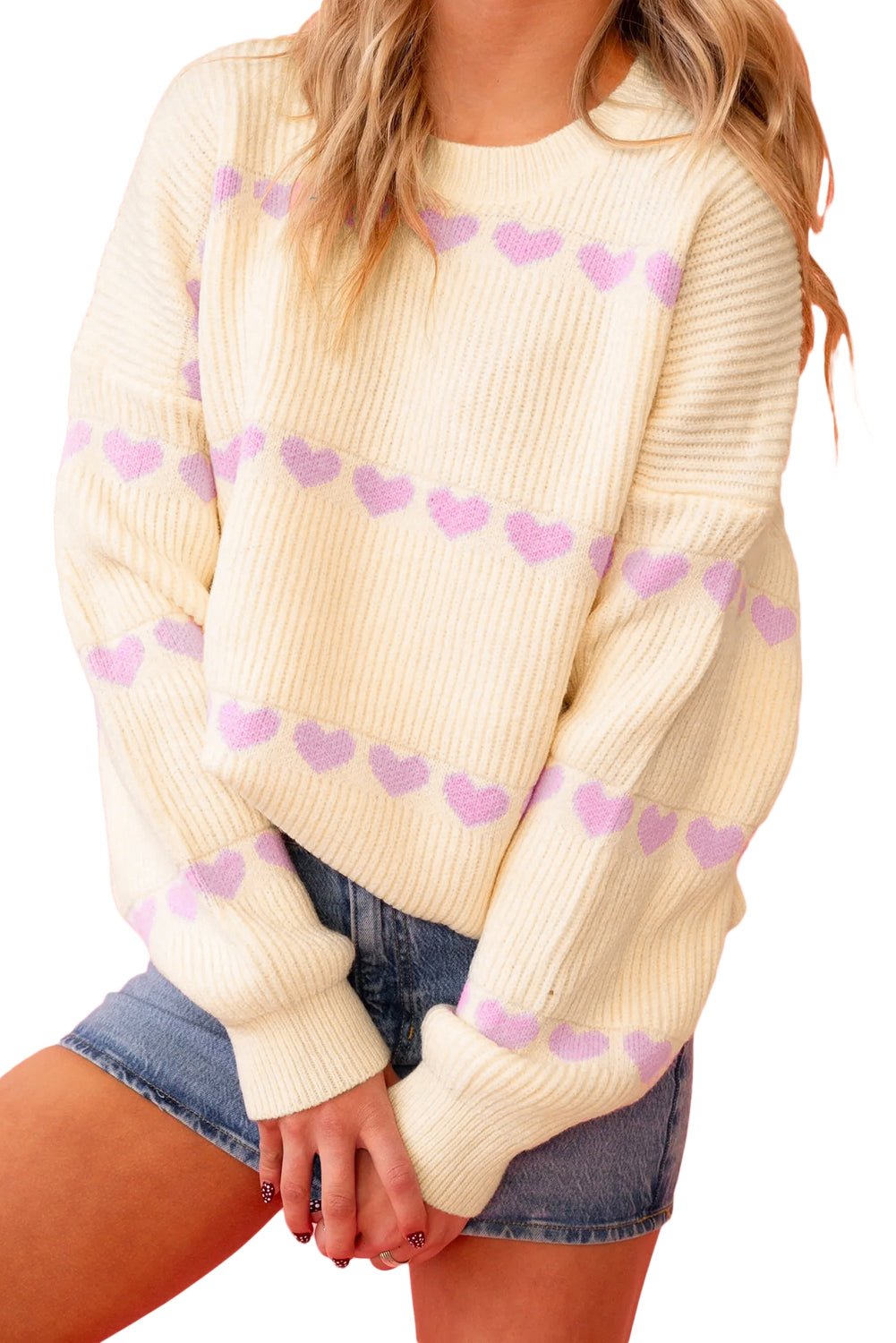 Pink Heart Pattern Ribbed Round Neck Knit Sweater - MAD RUFFI