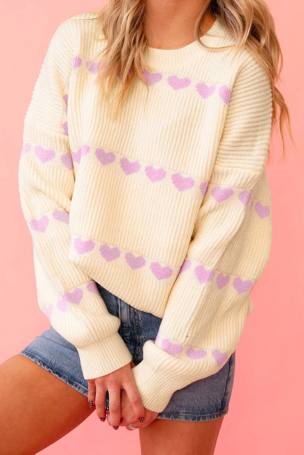 Pink Heart Pattern Ribbed Round Neck Knit Sweater - MAD RUFFI