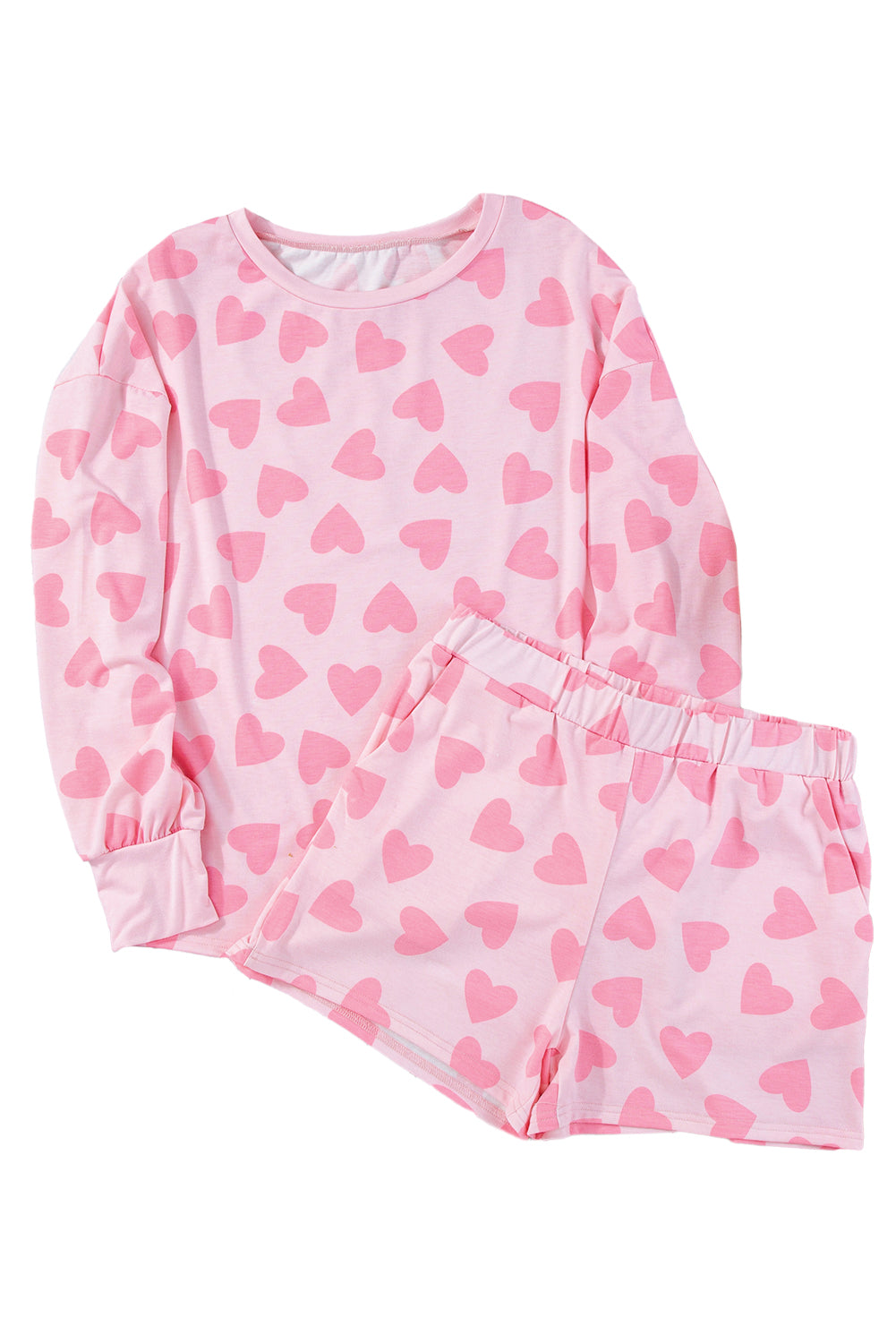 Pink Heart Print Long Sleeve Top and Shorts Loungewear Set - MAD RUFFI