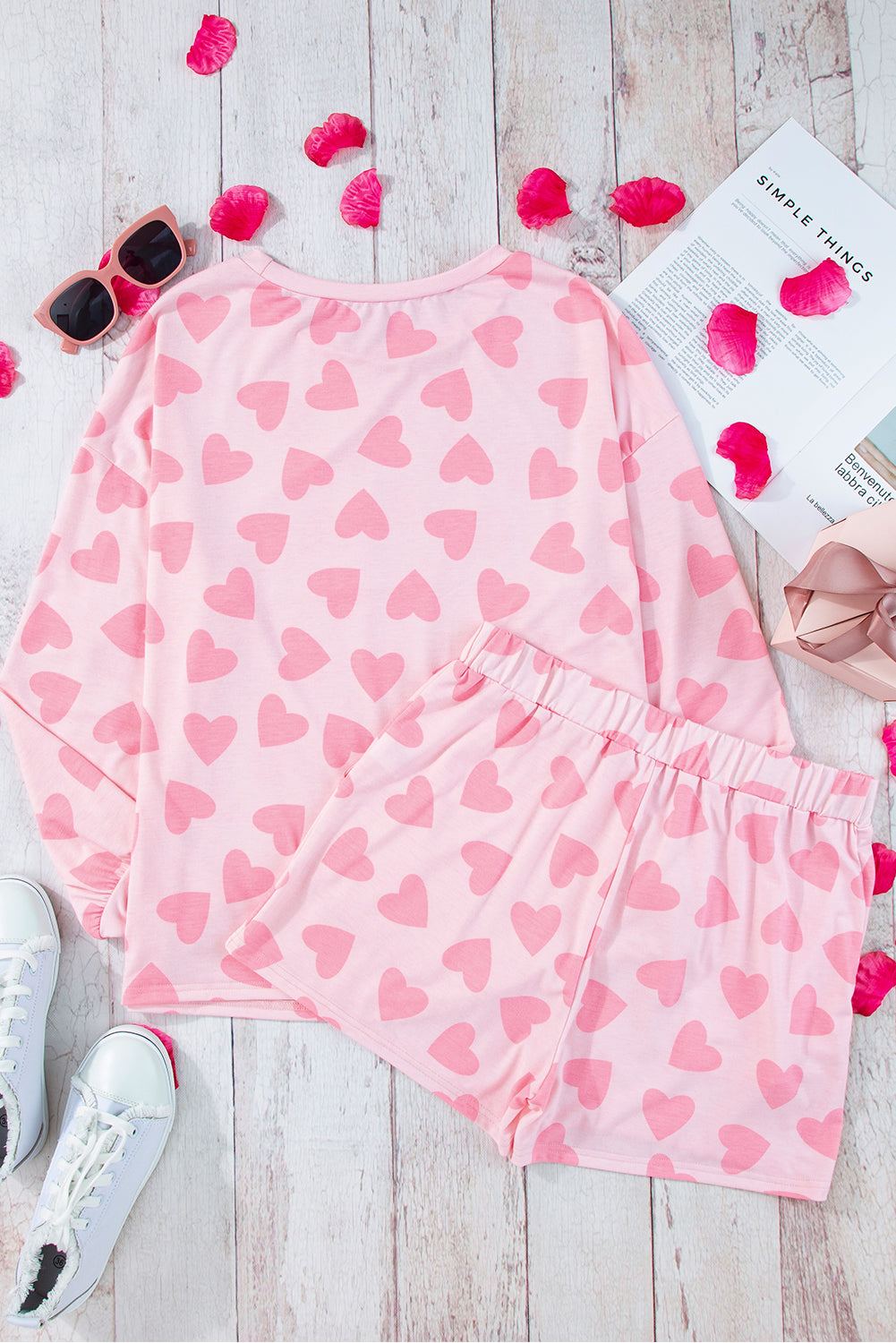 Pink Heart Print Long Sleeve Top and Shorts Loungewear Set - MAD RUFFI