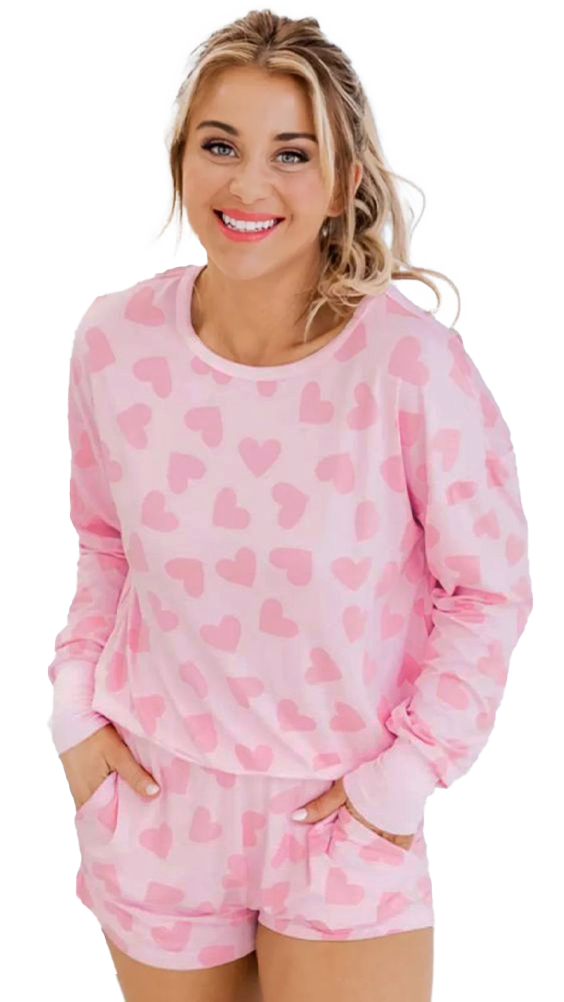 Pink Heart Print Long Sleeve Top and Shorts Loungewear Set - MAD RUFFI