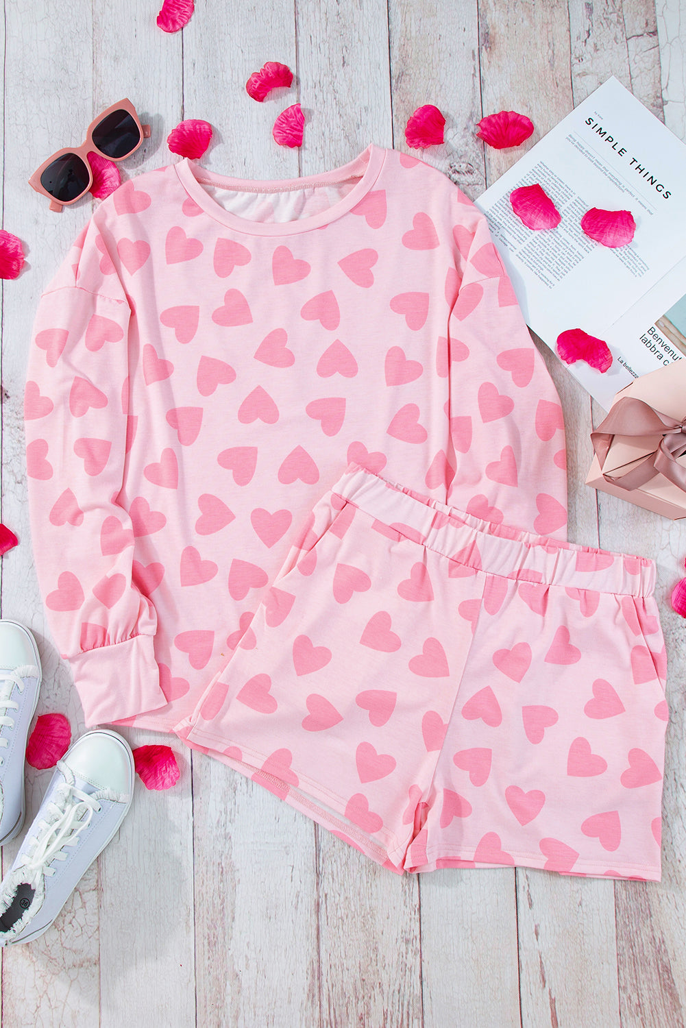 Pink Heart Print Long Sleeve Top and Shorts Loungewear Set - MAD RUFFI