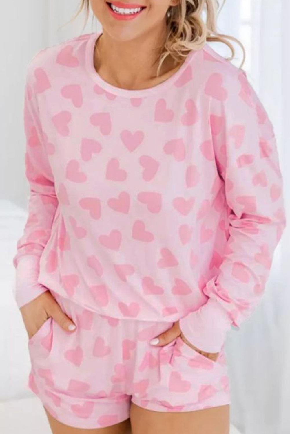 Pink Heart Print Long Sleeve Top and Shorts Loungewear Set - MAD RUFFI