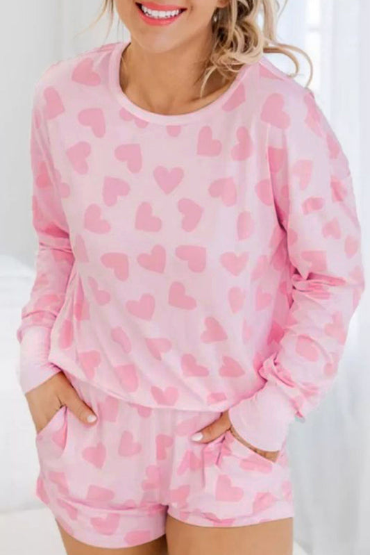 Pink Heart Print Long Sleeve Top and Shorts Loungewear Set - MAD RUFFI