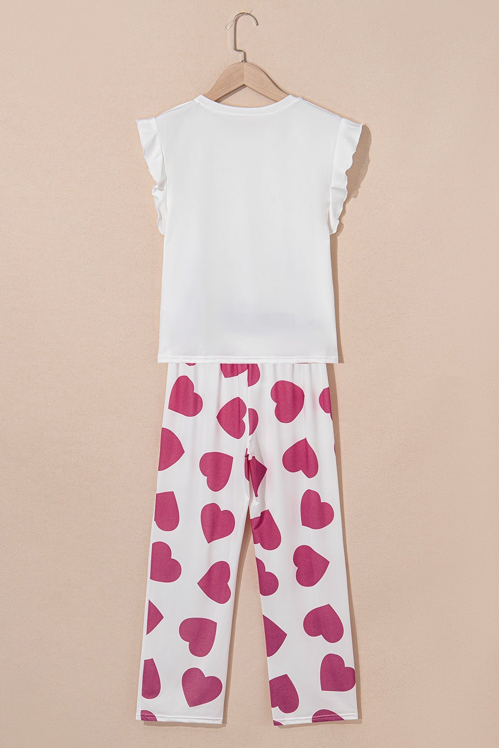 Pink Heart Print Ruffle Sleeveless Top and Pants Pajama Set - MAD RUFFI