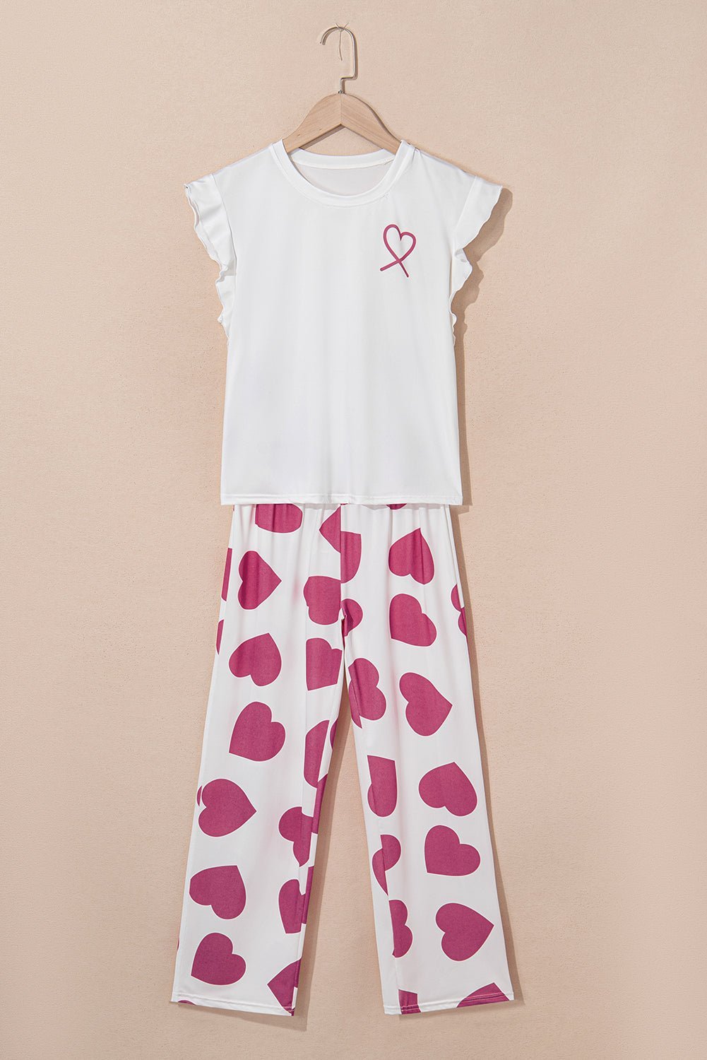 Pink Heart Print Ruffle Sleeveless Top and Pants Pajama Set - MAD RUFFI