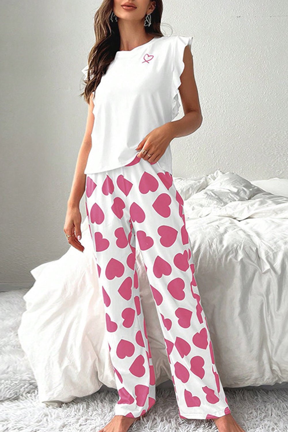 Pink Heart Print Ruffle Sleeveless Top and Pants Pajama Set - MAD RUFFI