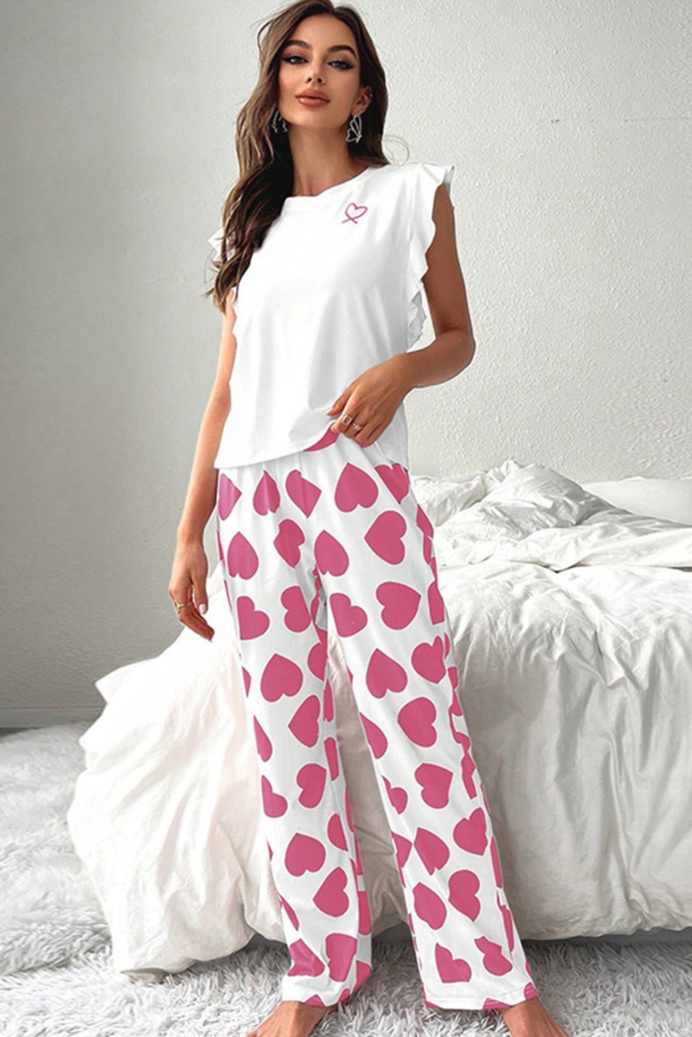 Pink Heart Print Ruffle Sleeveless Top and Pants Pajama Set - MAD RUFFI