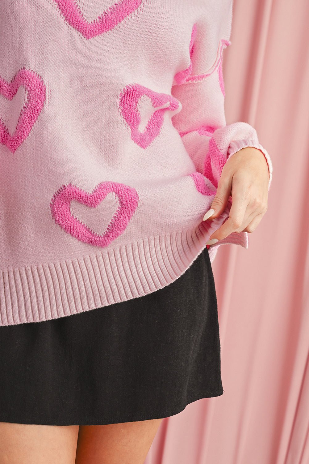 Pink Heart Shape Bubble Sleeve Baggy Sweater - MAD RUFFI
