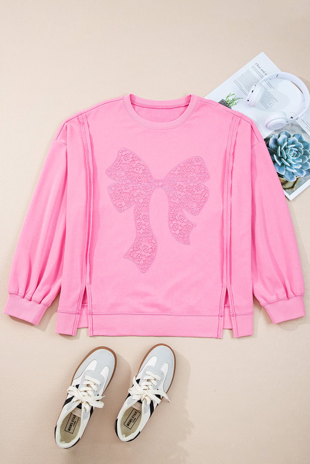 Pink Lace Bow Embroidered Dolman Sleeve Plus Size Sweatshirt - MAD RUFFI