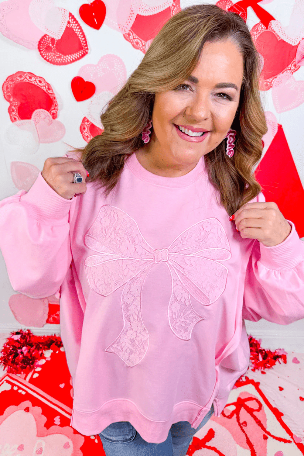 Pink Lace Bow Embroidered Dolman Sleeve Plus Size Sweatshirt - MAD RUFFI