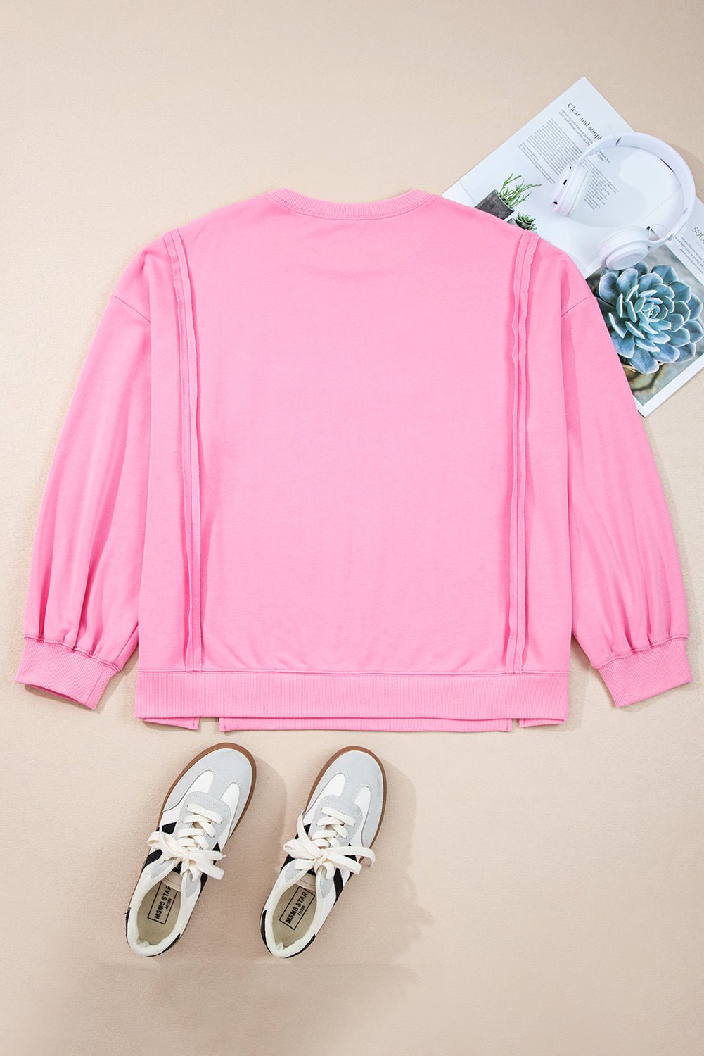 Pink Lace Bow Embroidered Dolman Sleeve Plus Size Sweatshirt - MAD RUFFI