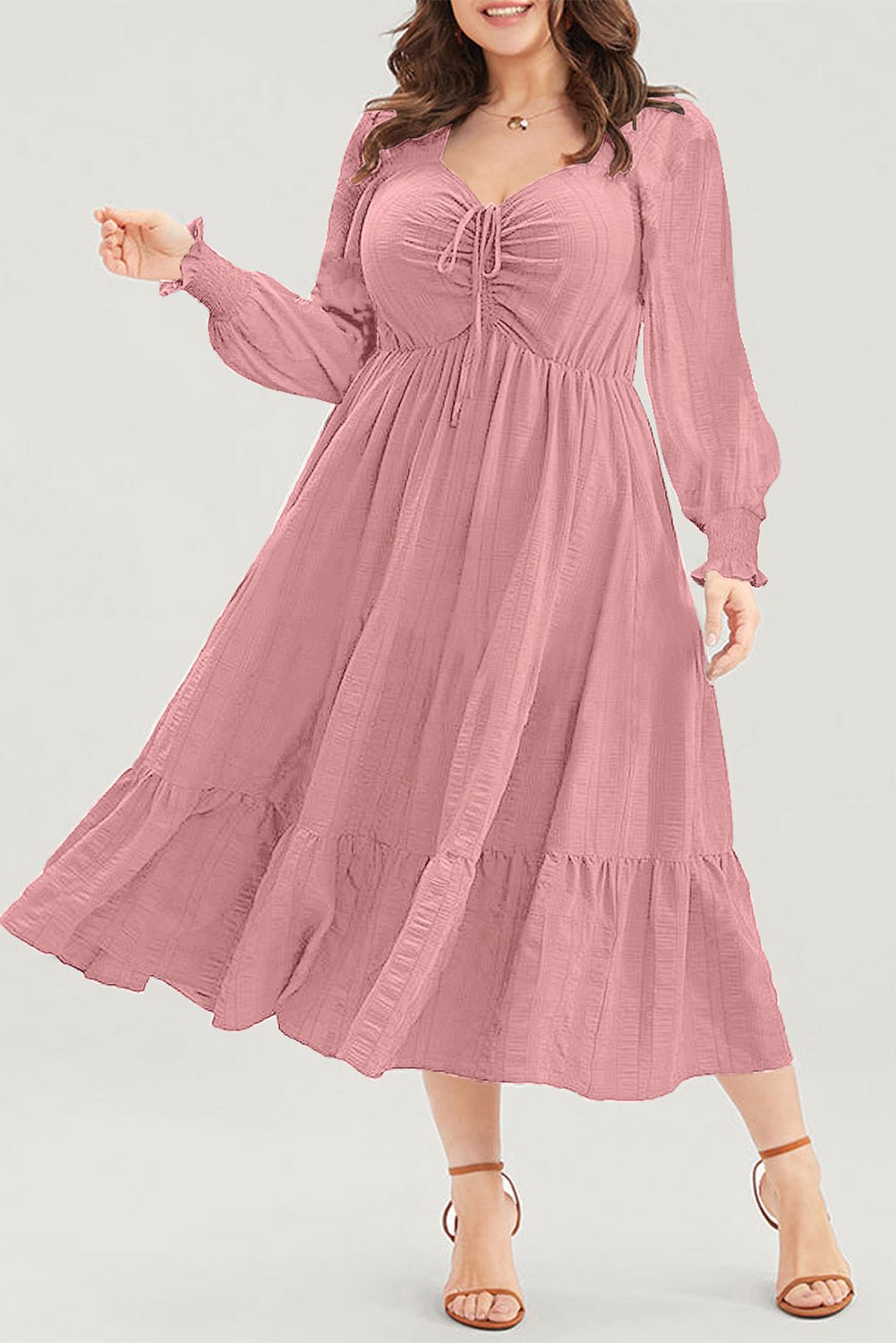 Pink Lace - up Ruched Front Long Sleeve Ruffle Hem Plus Size Midi Dress - MAD RUFFI
