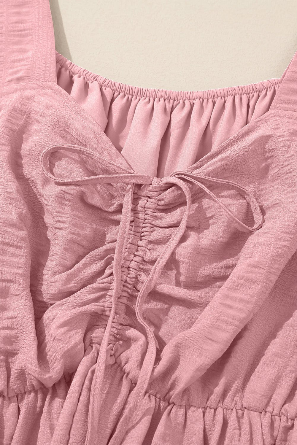 Pink Lace - up Ruched Front Long Sleeve Ruffle Hem Plus Size Midi Dress - MAD RUFFI