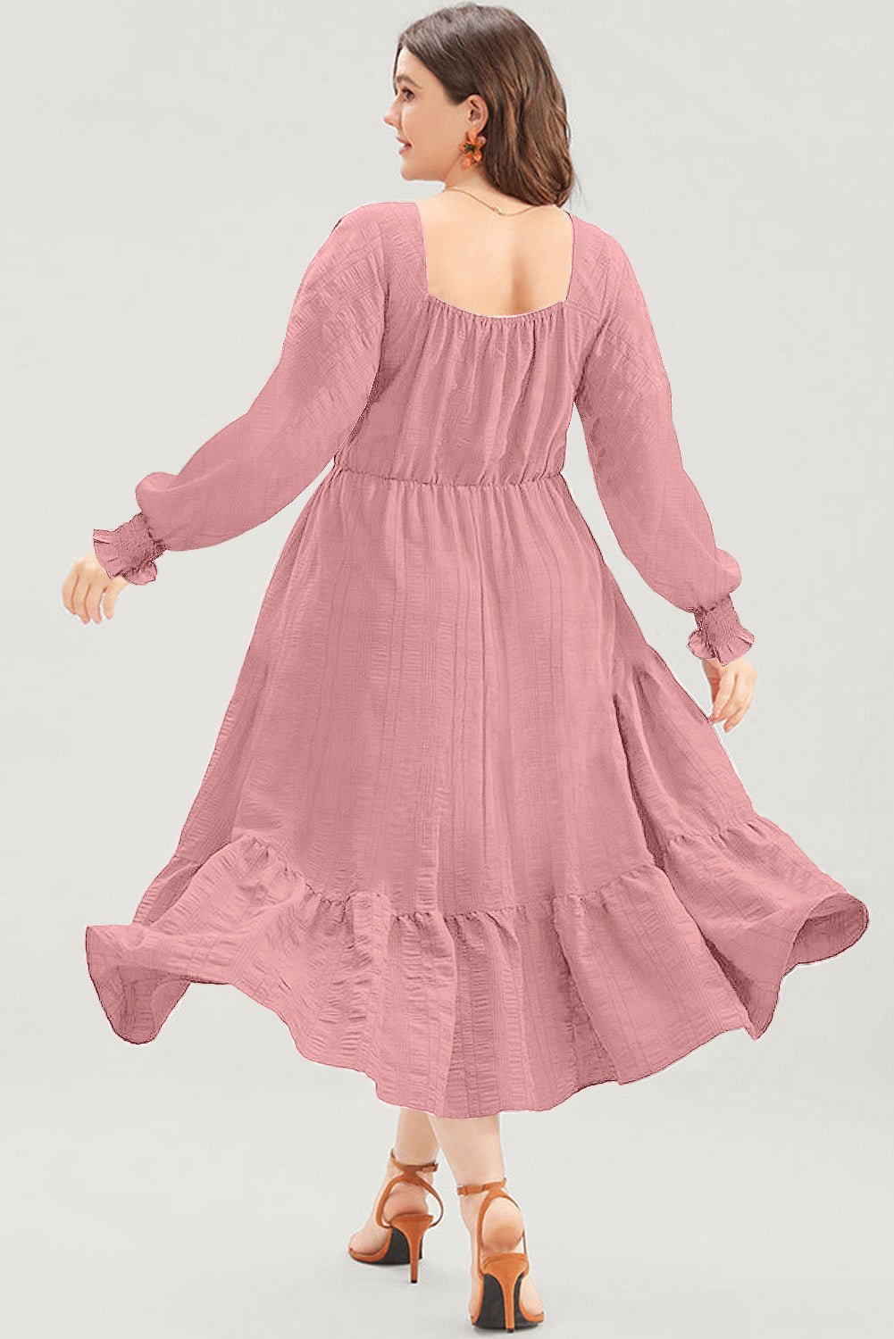 Pink Lace - up Ruched Front Long Sleeve Ruffle Hem Plus Size Midi Dress - MAD RUFFI