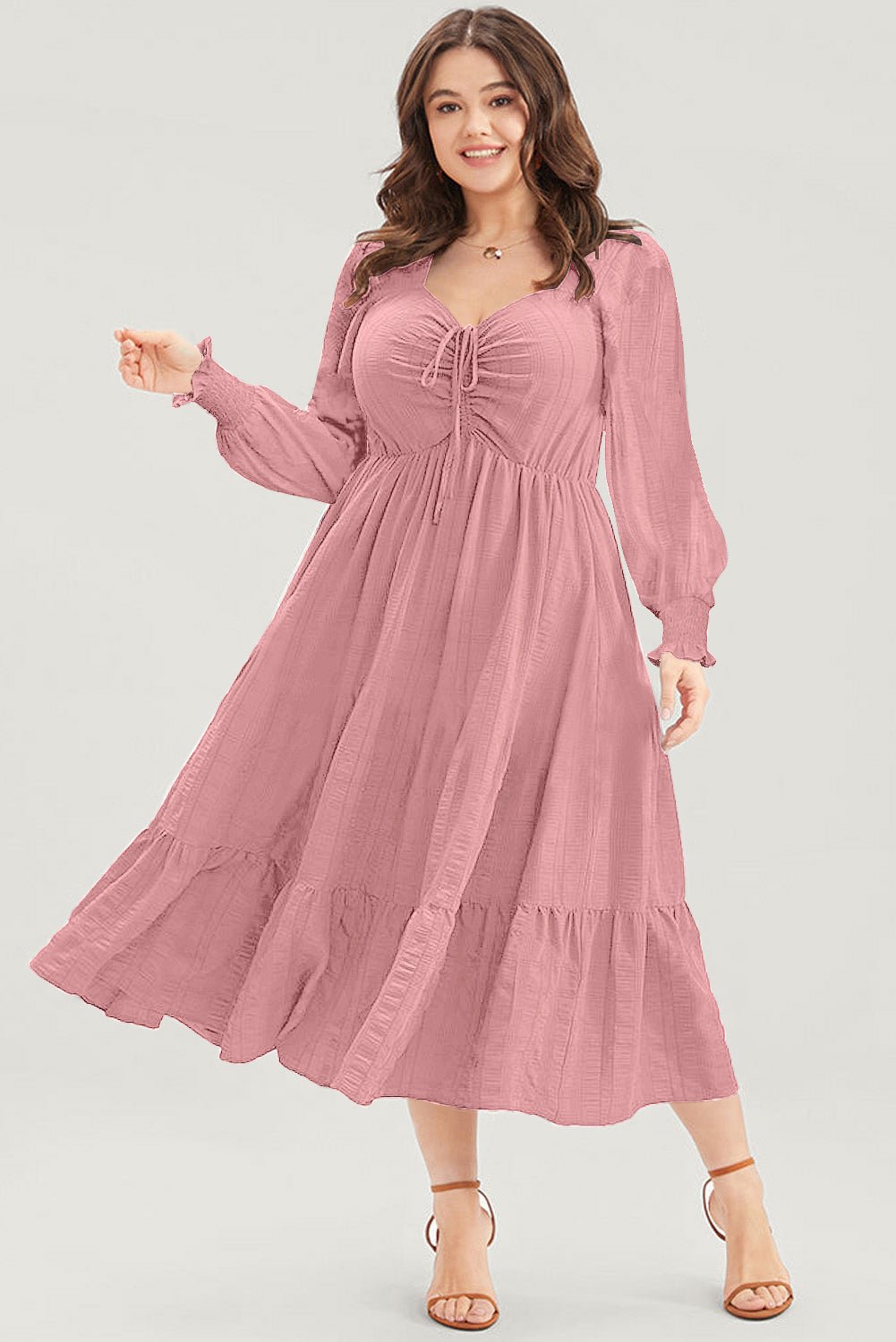 Pink Lace - up Ruched Front Long Sleeve Ruffle Hem Plus Size Midi Dress - MAD RUFFI