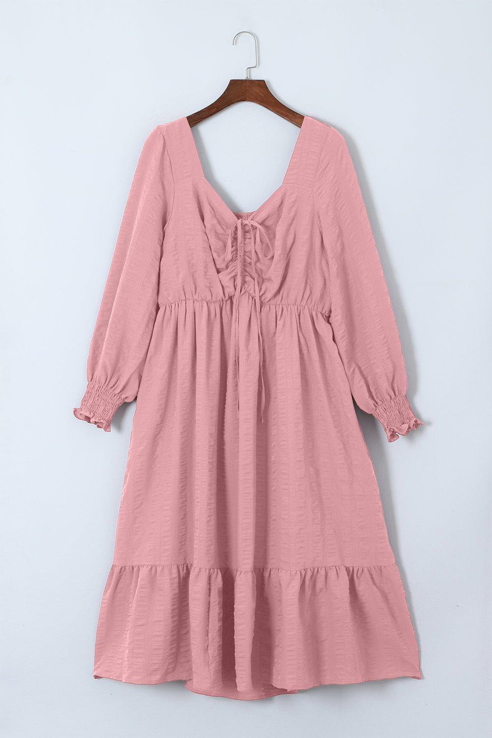 Pink Lace - up Ruched Front Long Sleeve Ruffle Hem Plus Size Midi Dress - MAD RUFFI