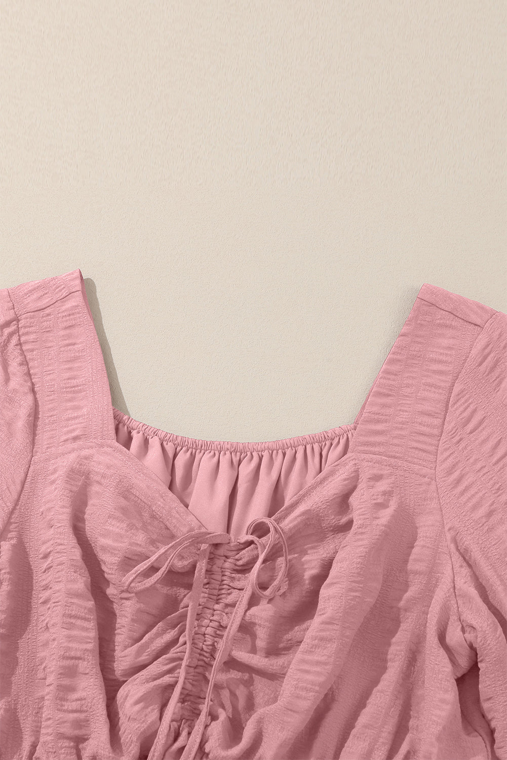 Pink Lace - up Ruched Front Long Sleeve Ruffle Hem Plus Size Midi Dress - MAD RUFFI