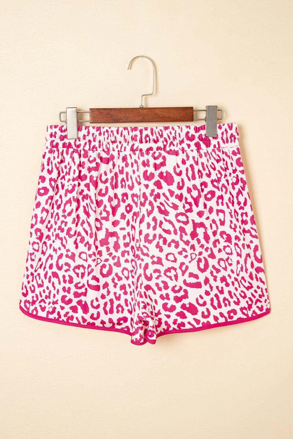 pink leopard elastic waist lace up contrast trim casual shorts - MAD RUFFI