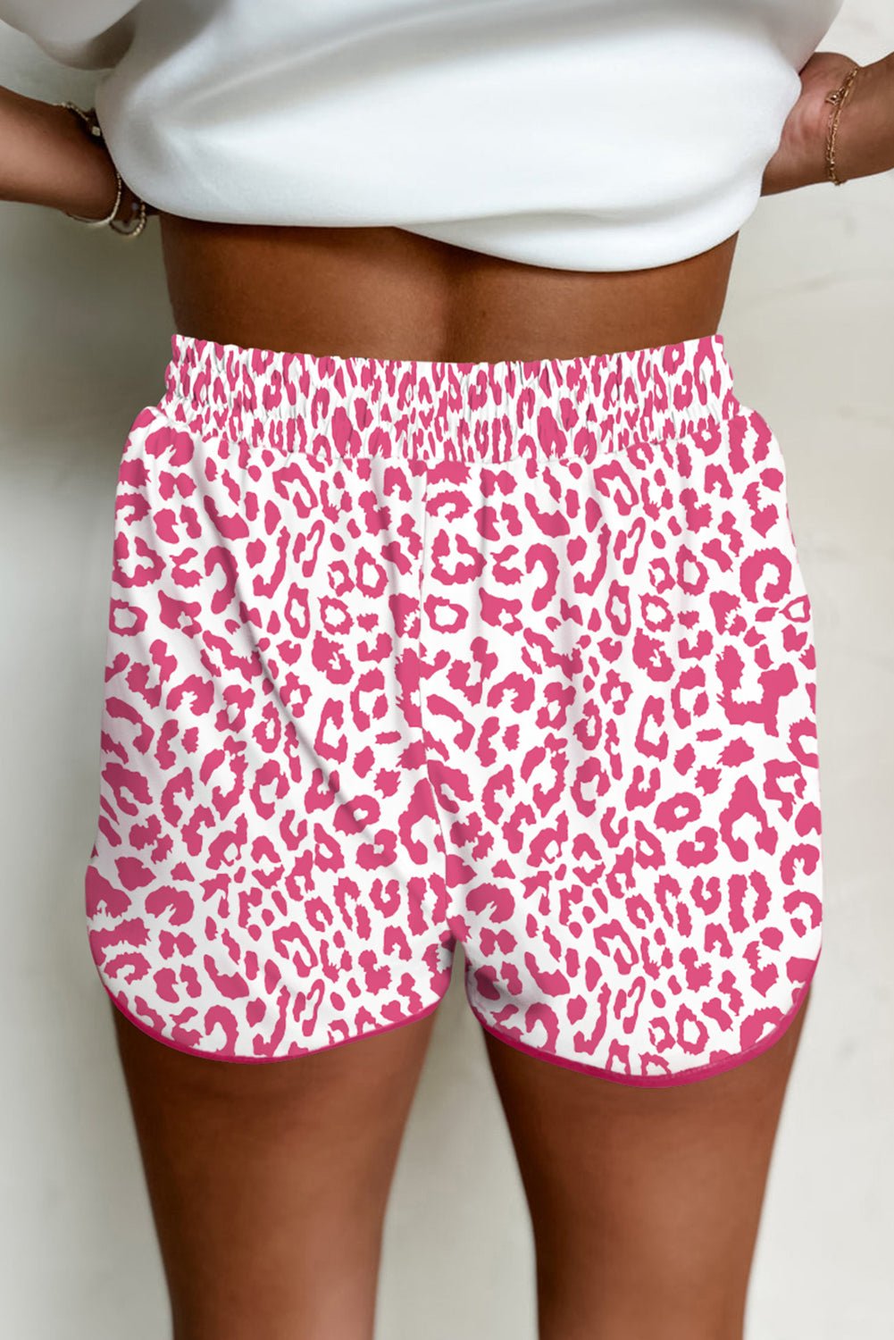 pink leopard elastic waist lace up contrast trim casual shorts - MAD RUFFI