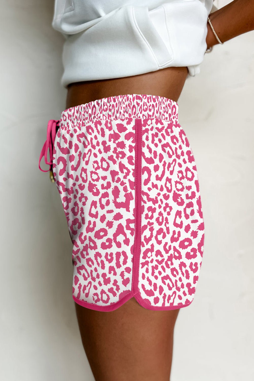 pink leopard elastic waist lace up contrast trim casual shorts - MAD RUFFI