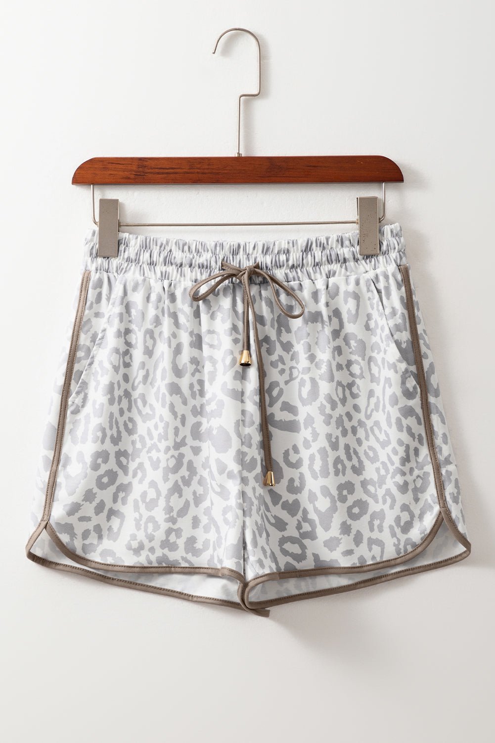 pink leopard elastic waist lace up contrast trim casual shorts - MAD RUFFI