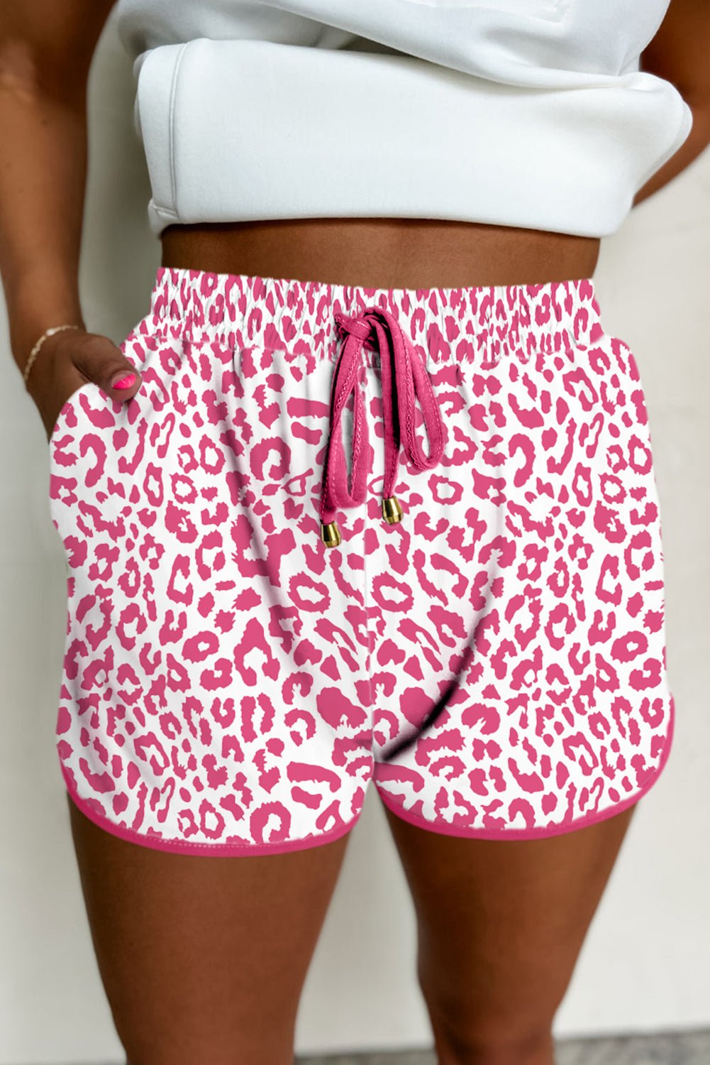 pink leopard elastic waist lace up contrast trim casual shorts - MAD RUFFI