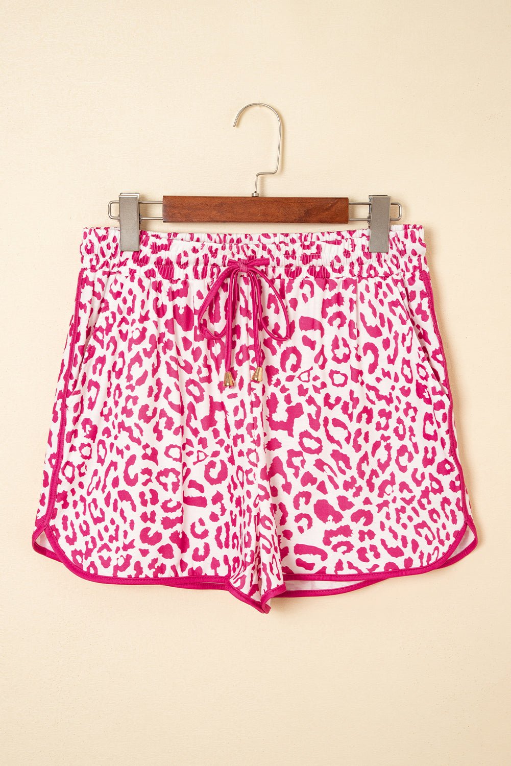 pink leopard elastic waist lace up contrast trim casual shorts - MAD RUFFI