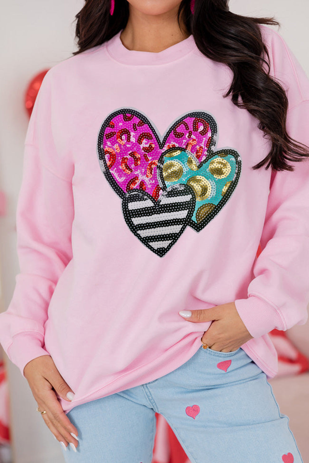 Pink Leopard Heart Patched Graphic Valentines Pullover Sweatshirt - Graphic Sweatshirts