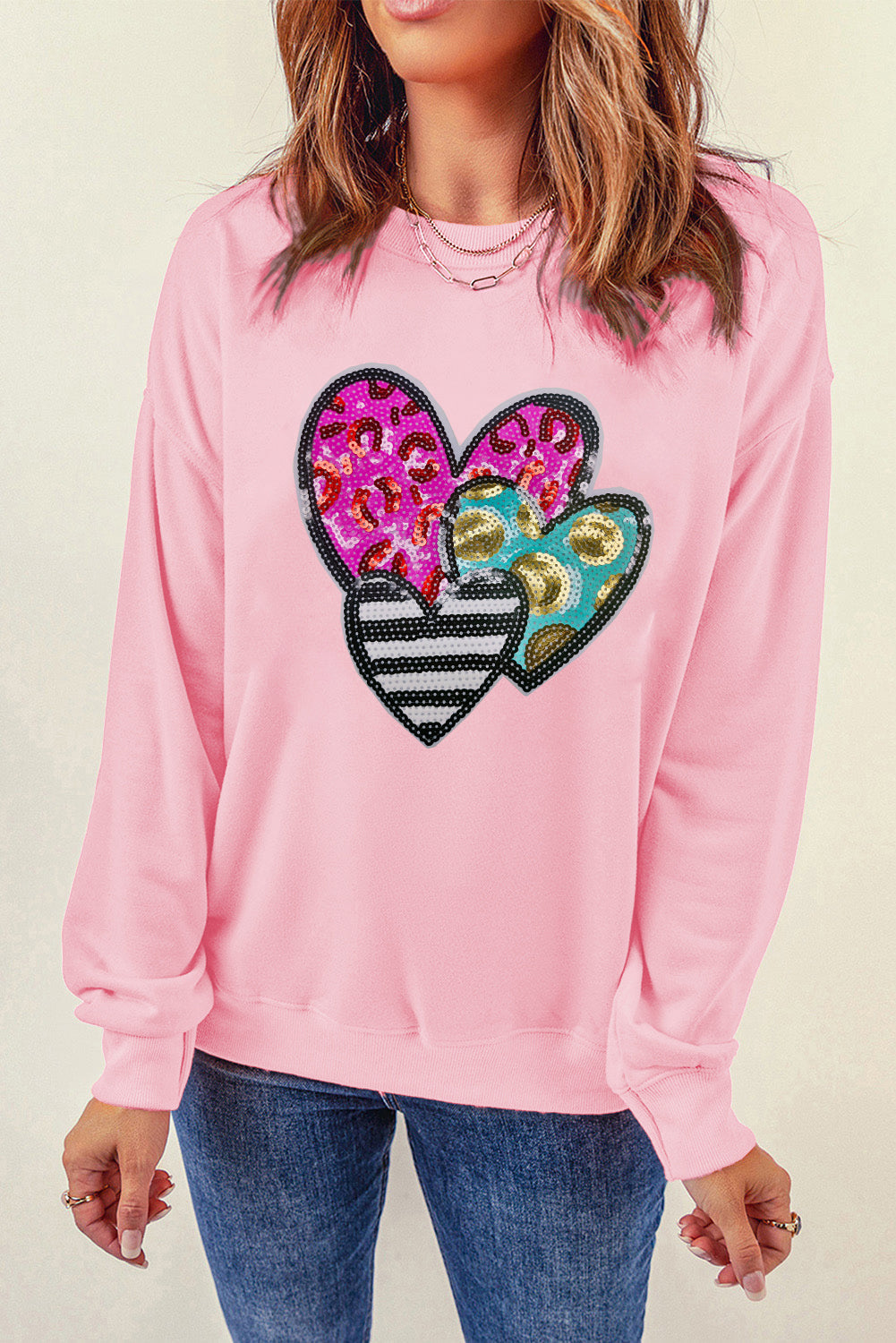 Pink Leopard Heart Patched Graphic Valentines Pullover Sweatshirt - Graphic Sweatshirts