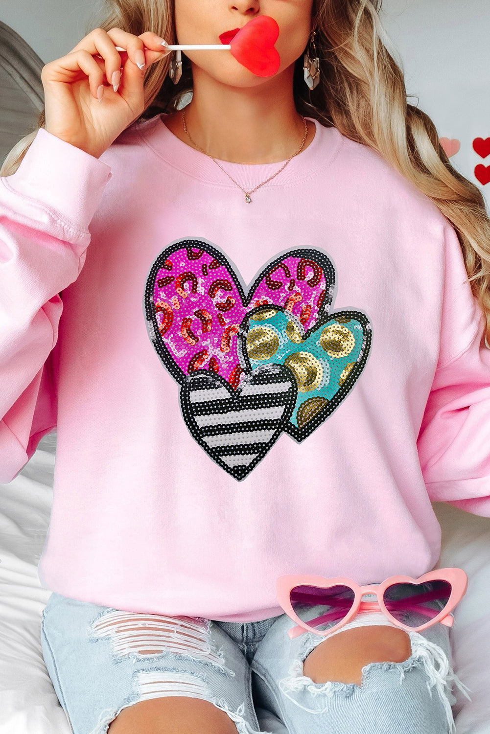 Pink Leopard Heart Patched Graphic Valentines Pullover Sweatshirt - Graphic Sweatshirts