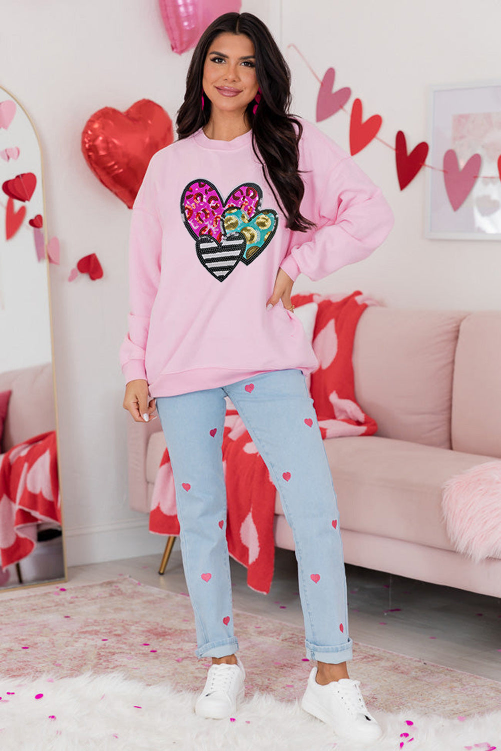 Pink Leopard Heart Patched Graphic Valentines Pullover Sweatshirt - Graphic Sweatshirts