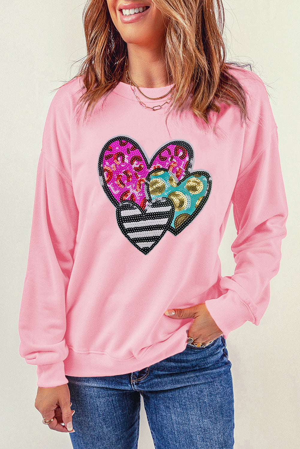 Pink Leopard Heart Patched Graphic Valentines Pullover Sweatshirt - Graphic Sweatshirts