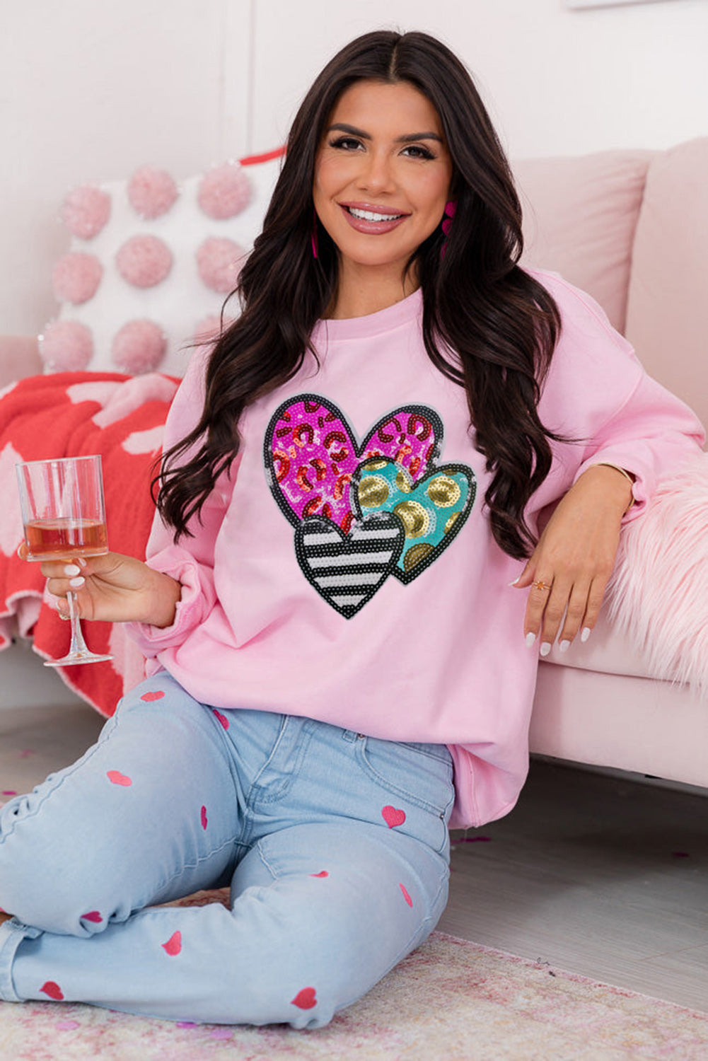 Pink Leopard Heart Patched Graphic Valentines Pullover Sweatshirt - Graphic Sweatshirts