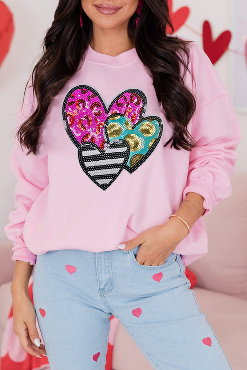 Pink Leopard Heart Patched Graphic Valentines Pullover Sweatshirt - Pink / S - Graphic Sweatshirts