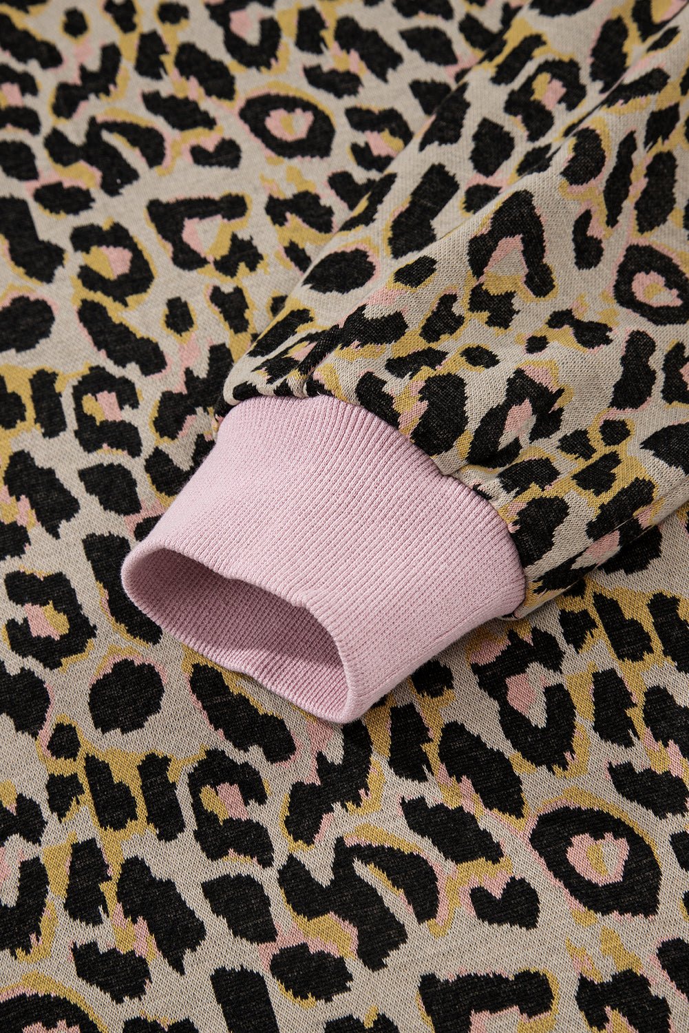 Pink Leopard Print Contrast Edge Long Sleeve Pullover Shorts Set - MAD RUFFI