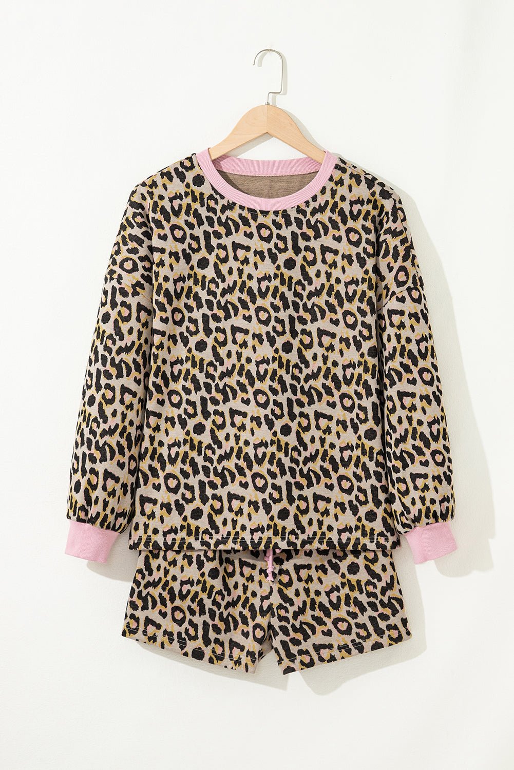 Pink Leopard Print Contrast Edge Long Sleeve Pullover Shorts Set - MAD RUFFI