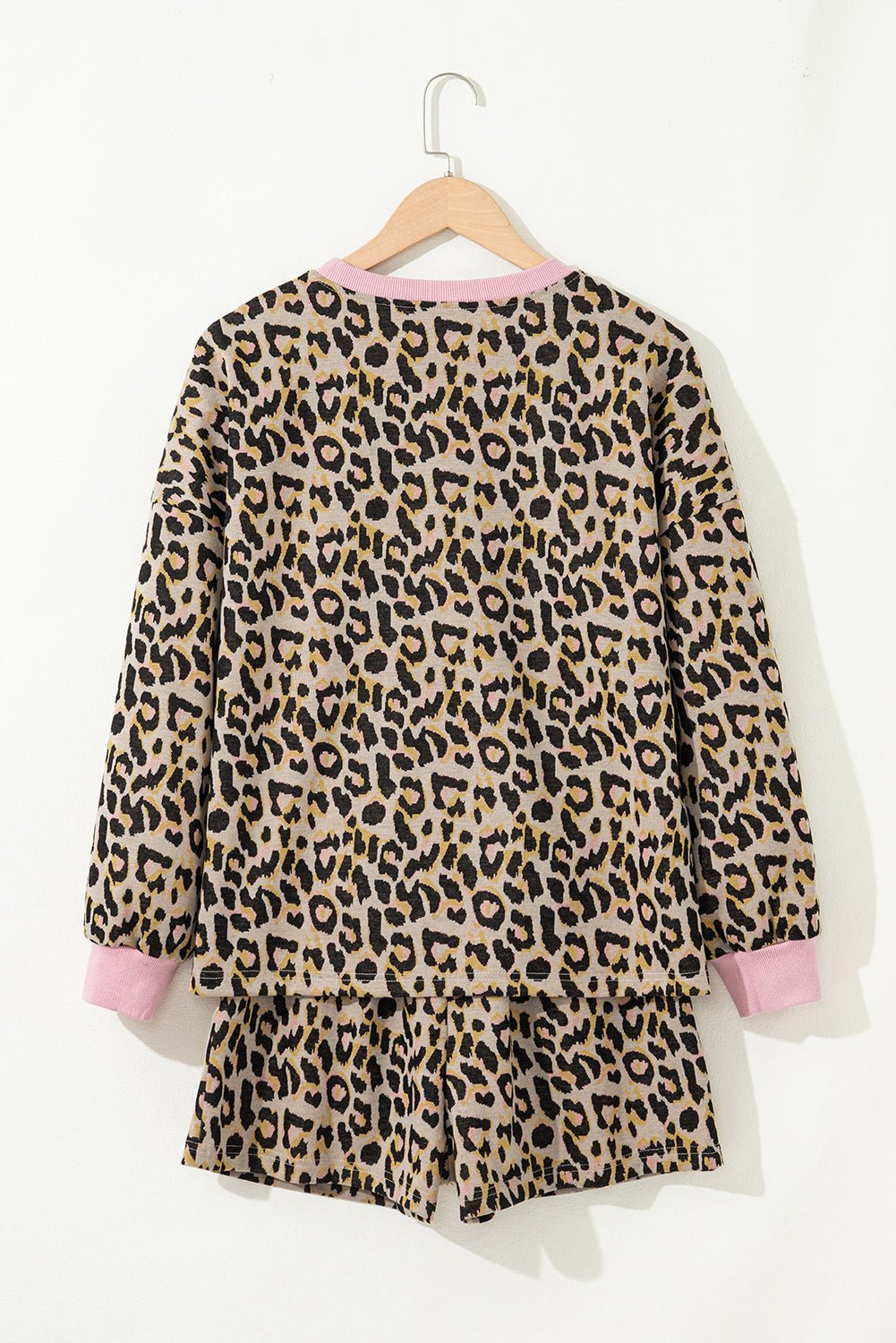 Pink Leopard Print Contrast Edge Long Sleeve Pullover Shorts Set - MAD RUFFI