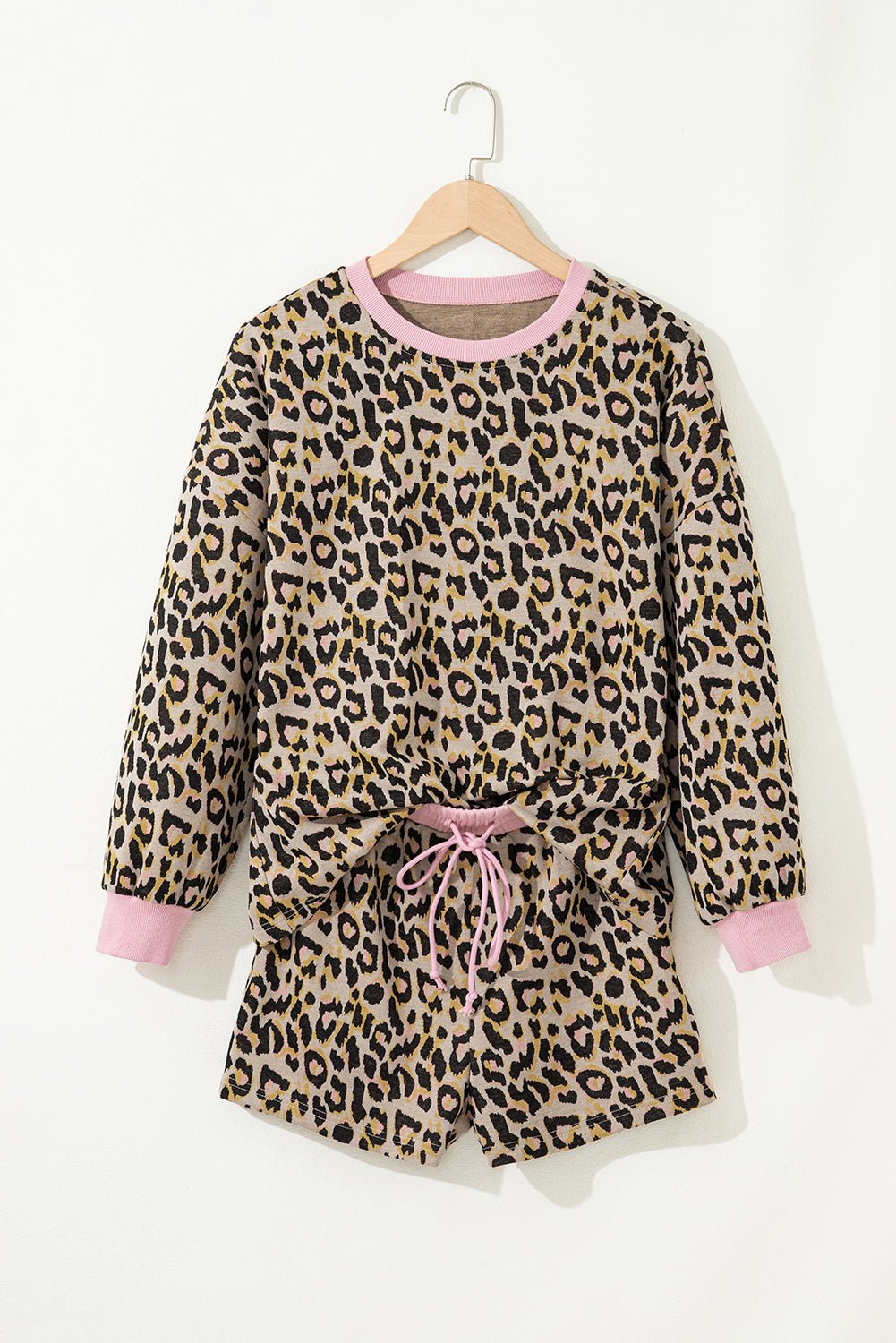 Pink Leopard Print Contrast Edge Long Sleeve Pullover Shorts Set - MAD RUFFI
