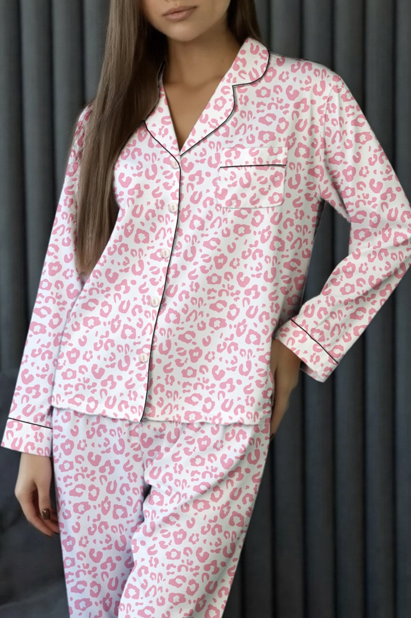 Pink Leopard Print Long Sleeve High Waist Pajama Set - MAD RUFFI