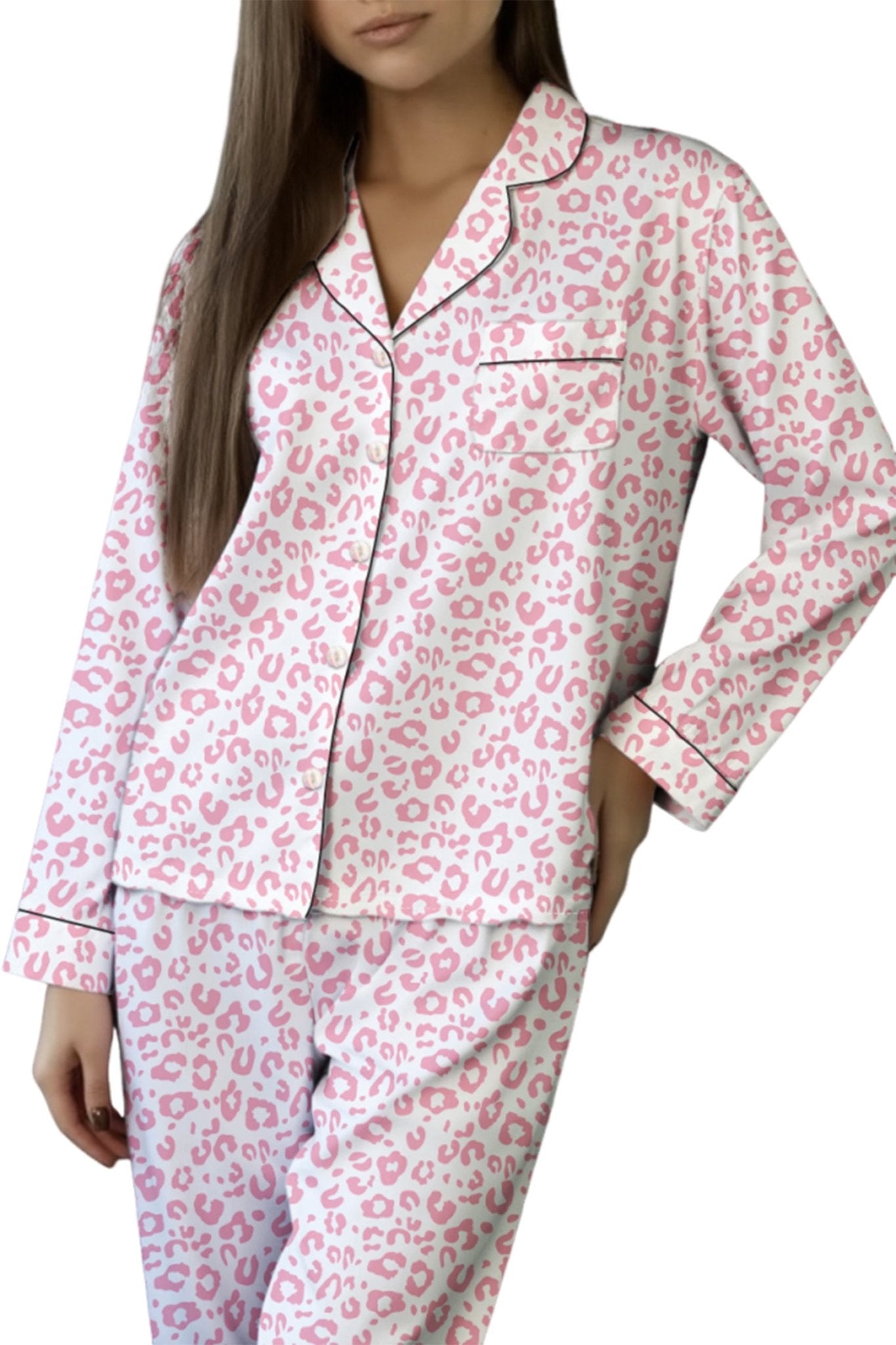 Pink Leopard Print Long Sleeve High Waist Pajama Set - MAD RUFFI