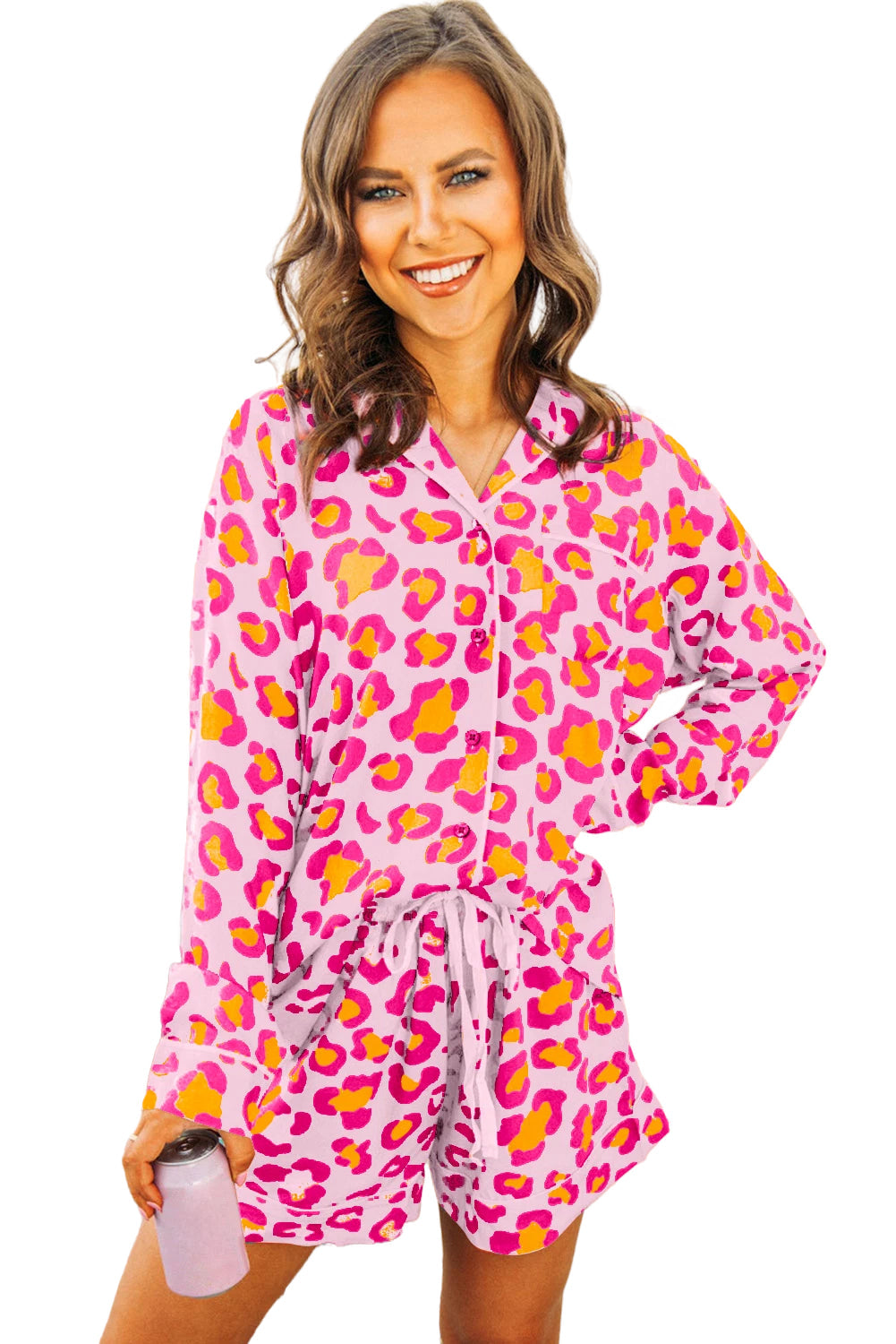 Pink Leopard Print Long Sleeve Shirt and Shorts Pajama Set - MAD RUFFI