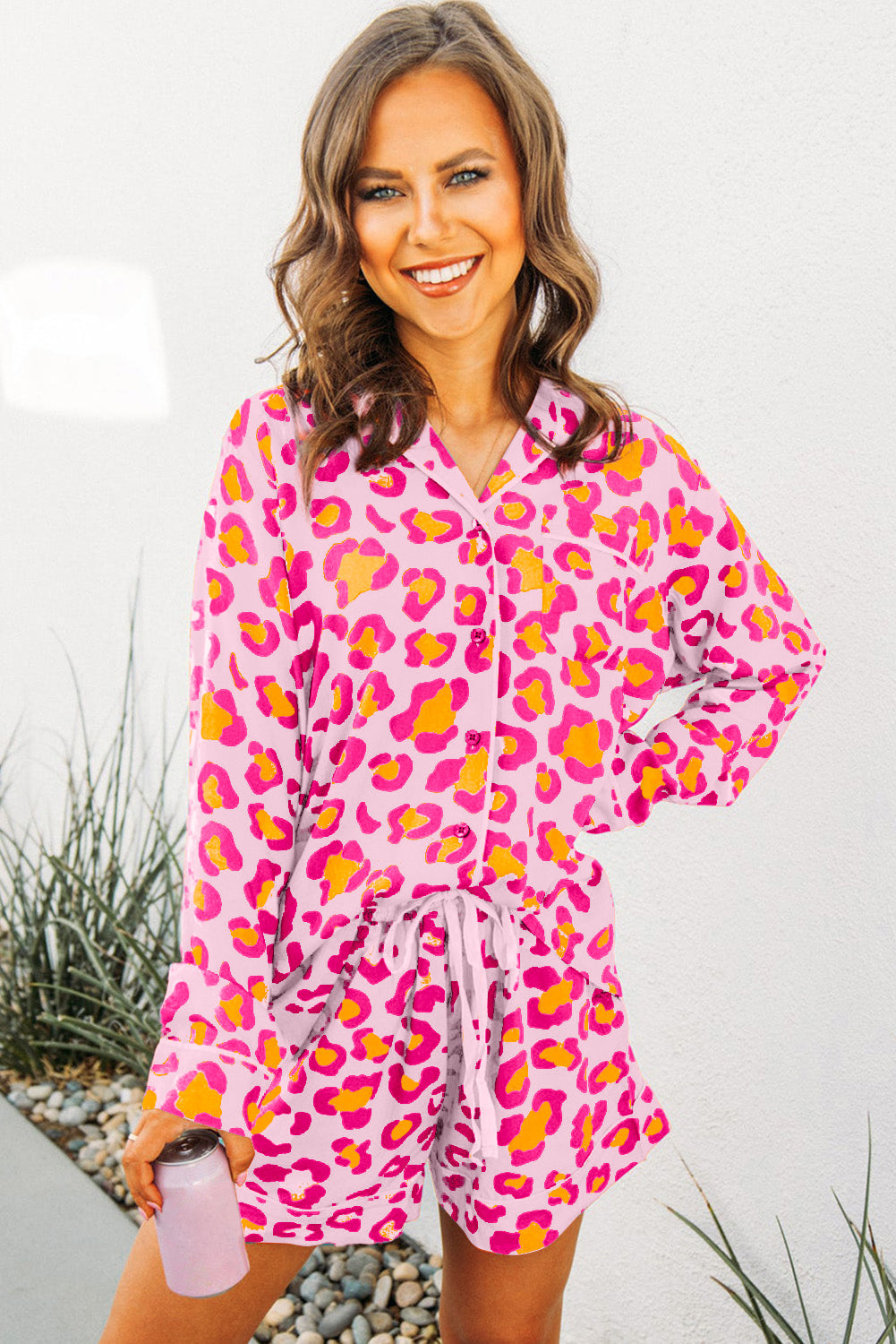 Pink Leopard Print Long Sleeve Shirt and Shorts Pajama Set - MAD RUFFI