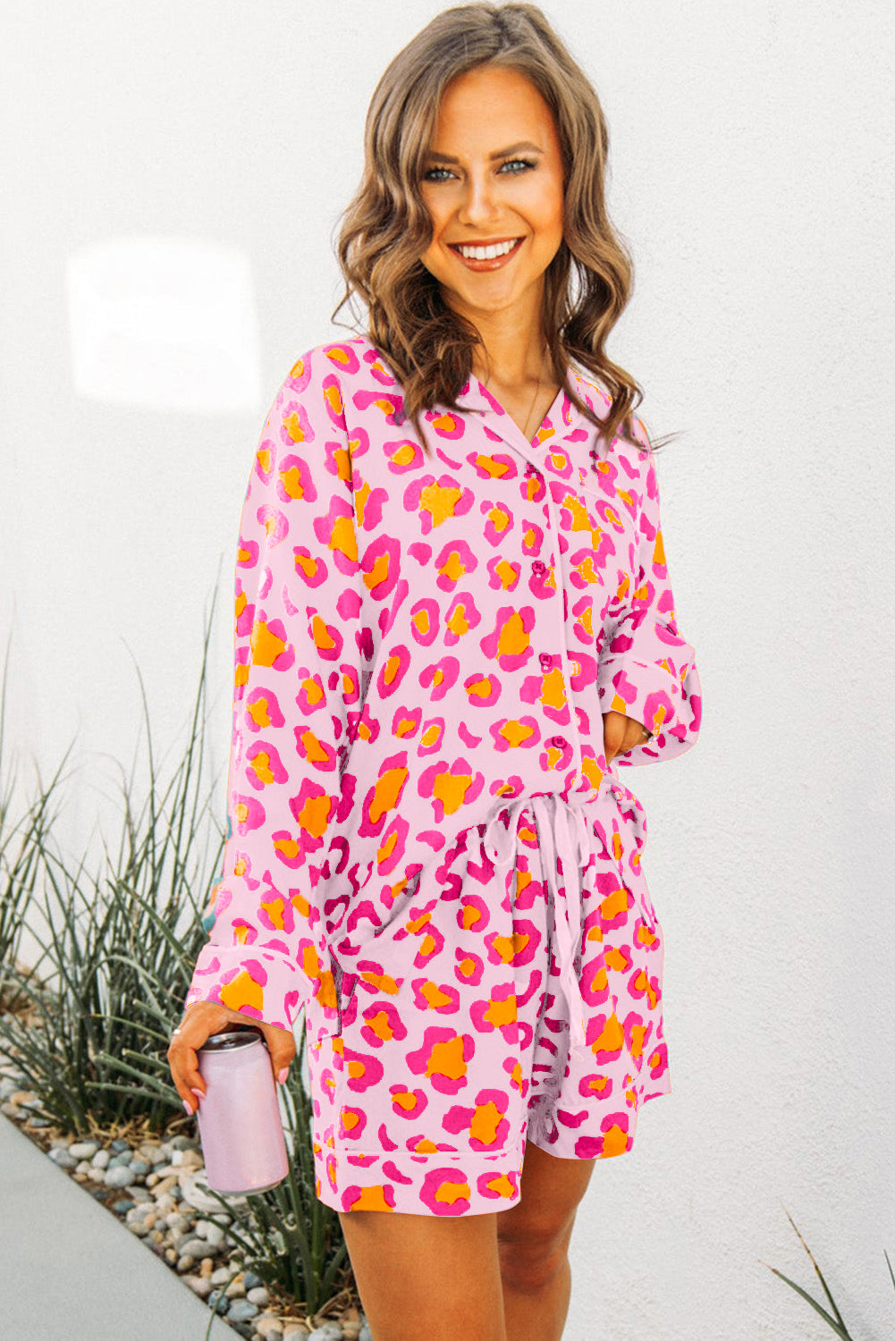 Pink Leopard Print Long Sleeve Shirt and Shorts Pajama Set - MAD RUFFI