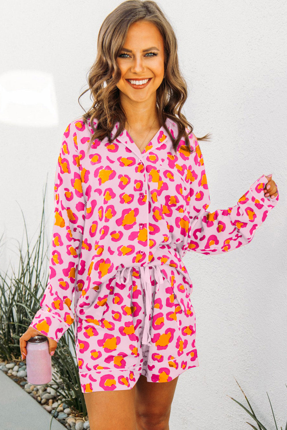 Pink Leopard Print Long Sleeve Shirt and Shorts Pajama Set - MAD RUFFI